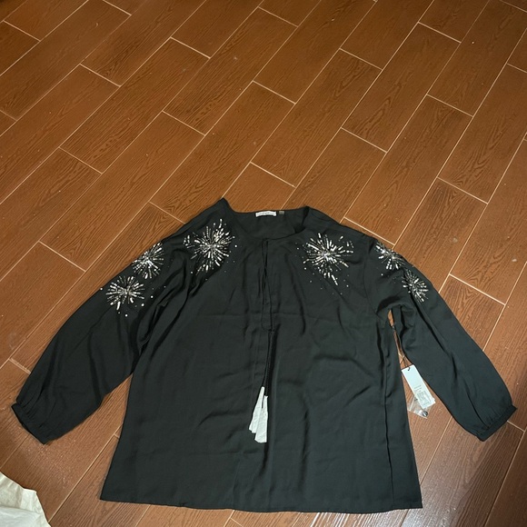 Dex Black Semi Sheer silver star burst sequin blouse long sleeve size 1X tassels - Picture 2 of 16